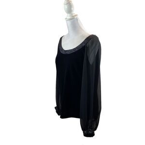 Patra‎ Vintage Black Velvet Blouse with Beaded Neckline Size Medium